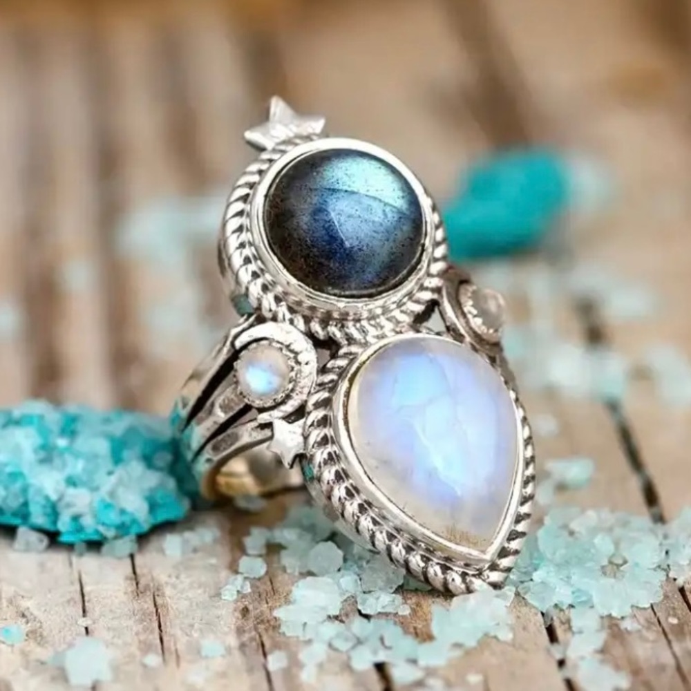 Ring Woman Jewelry Boho Magical Goth Moonstone Crescent Moons Stars Midnight New